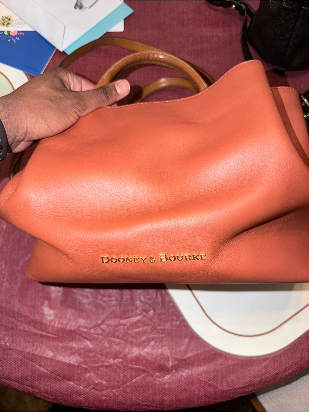 Dooney & Bourke Rust Leather Satchel with Gold Logo
